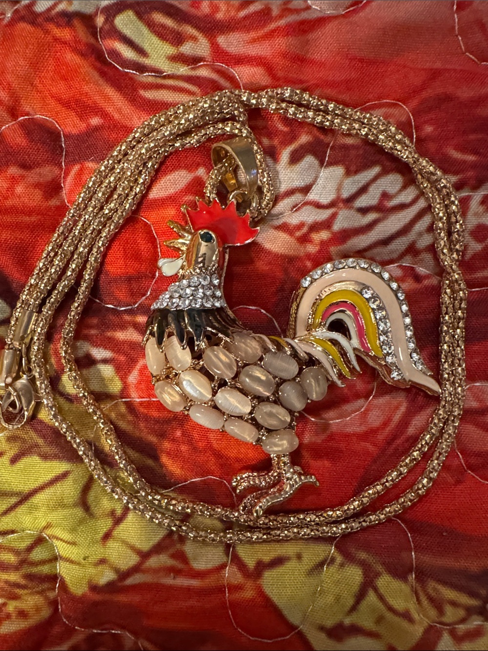 Gold-Tone Rooster Pendant Necklace with Red and Cream Accents